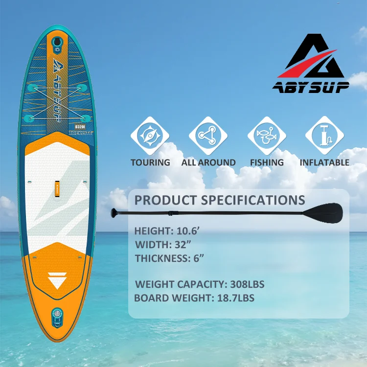 ABYSUP paddle board with specs including height, width, thickness, weight capacity, and board weight. Set against ocean backdrop.