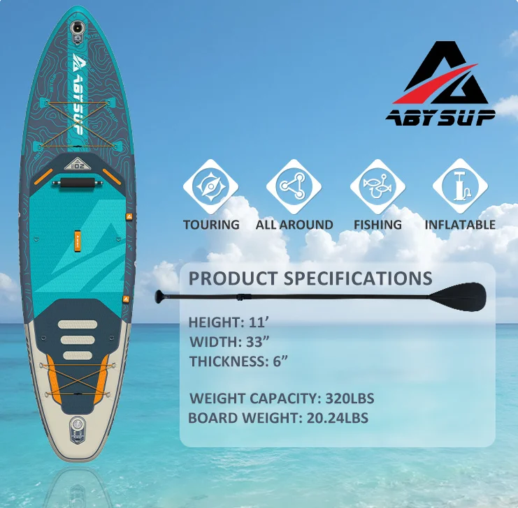 ABYSUP inflatable paddleboard on water with product specifications including height, width, thickness, and weight capacity.