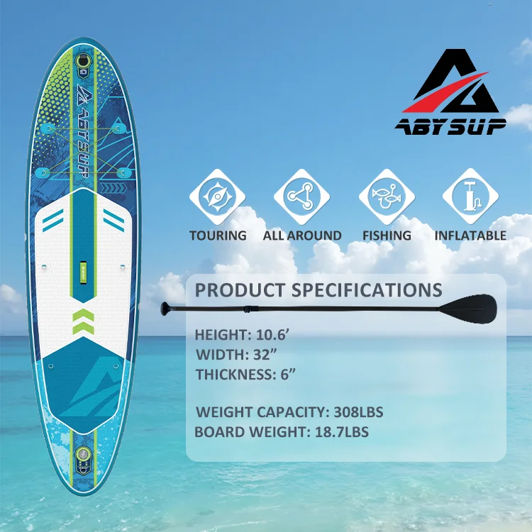 ABYSUP inflatable paddleboard with specifications: 10.6' height, 32" width, 6" thickness, 308 lbs capacity on a beach background.