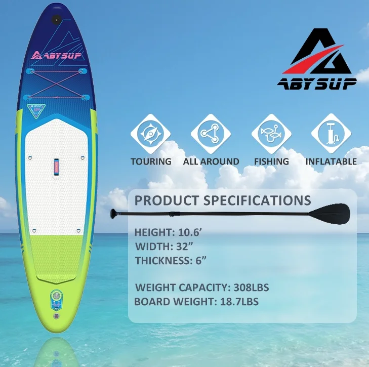 ABYSUP inflatable paddleboard with specifications highlighted including height, width, thickness, weight capacity, and board weight. Suitable for touring, all-around use, and fishing.