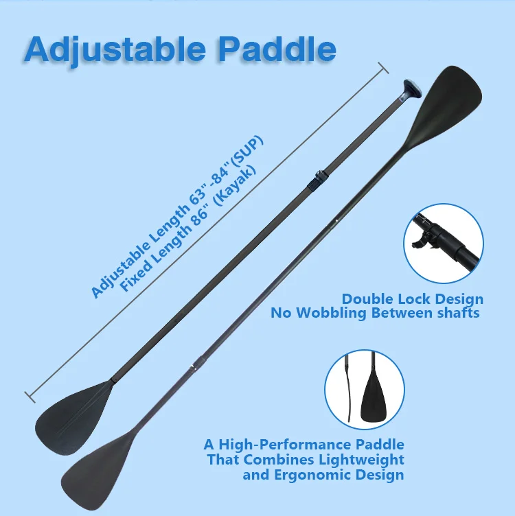 Adjustable paddle with a double lock design, suitable for kayaking and SUP, featuring ergonomic and lightweight construction.