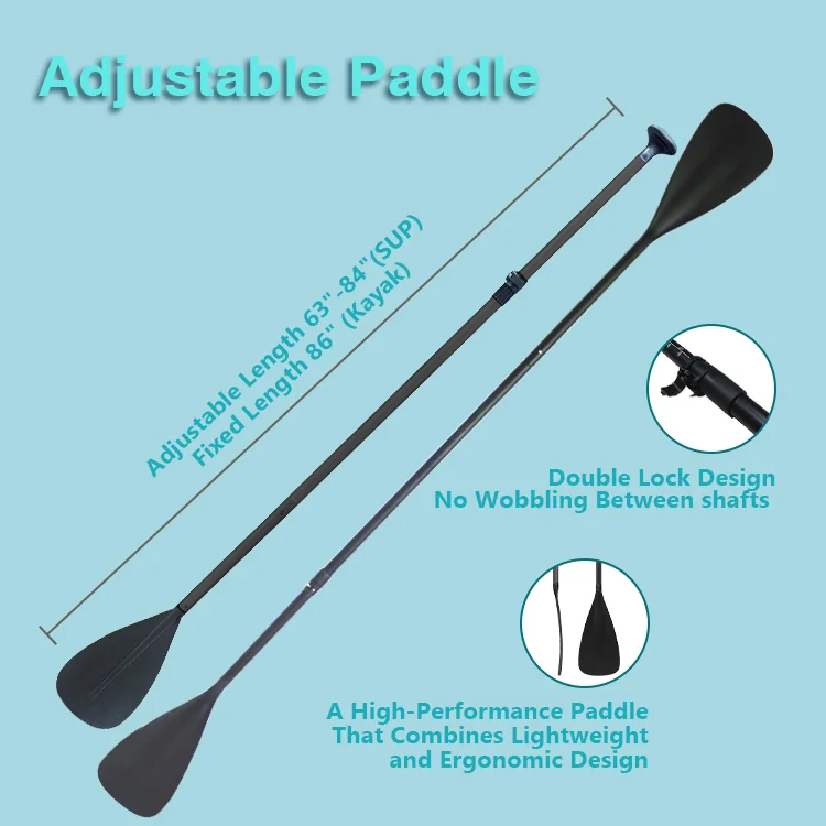Adjustable paddle for SUP and kayak with double lock design on a light blue background, featuring non-wobbling shafts and ergonomic design.