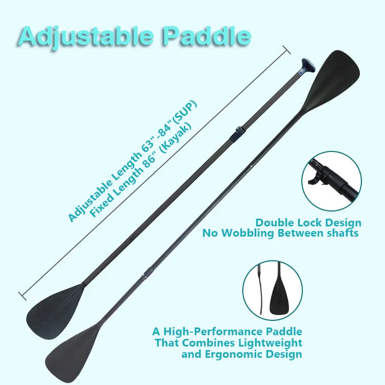 Two adjustable paddles with ergonomic design and double lock system for stability. Lengths for SUP and kayak are displayed.