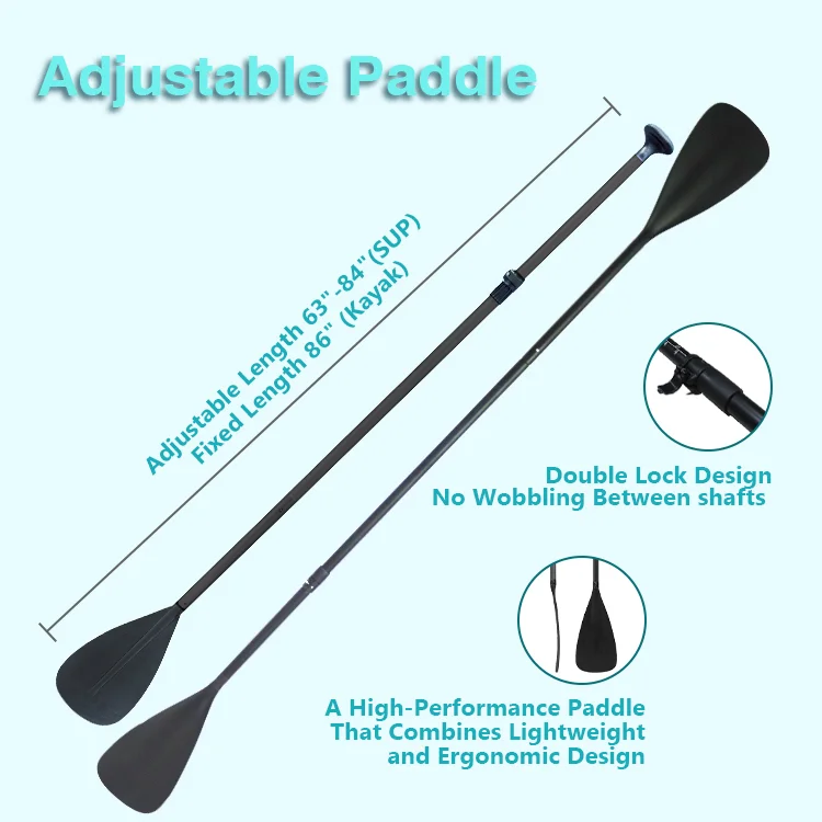 Two adjustable paddles with double lock design; length options for SUP and kayak. Features include no wobbling between shafts.