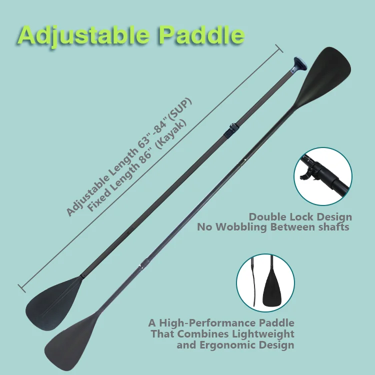 Adjustable paddle for SUP and kayak shown with specifications and features including double lock design for stability.