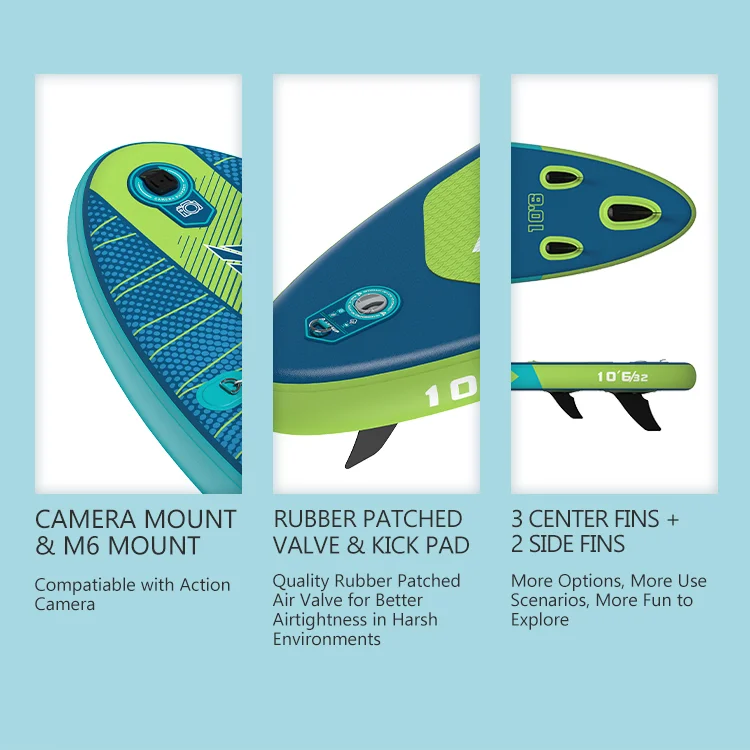 Close-up views of paddleboard features including camera mount, rubber valve and kick pad, and multiple fins on a blue and green board.