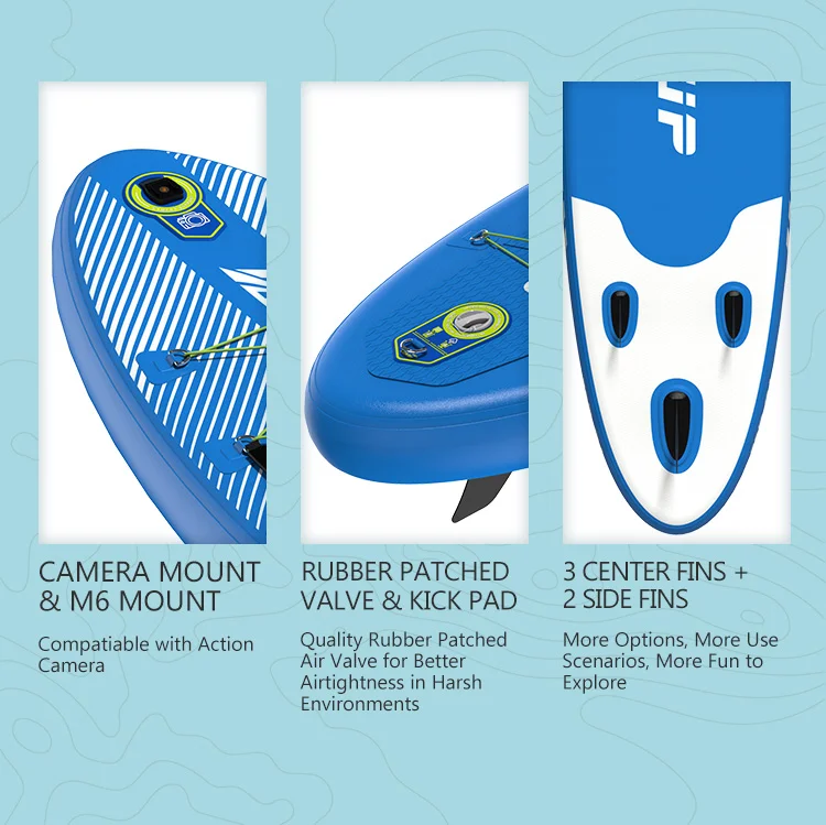 Close-up of blue paddleboard showing camera mount, rubber patched valve, and fin setup. Text details features.