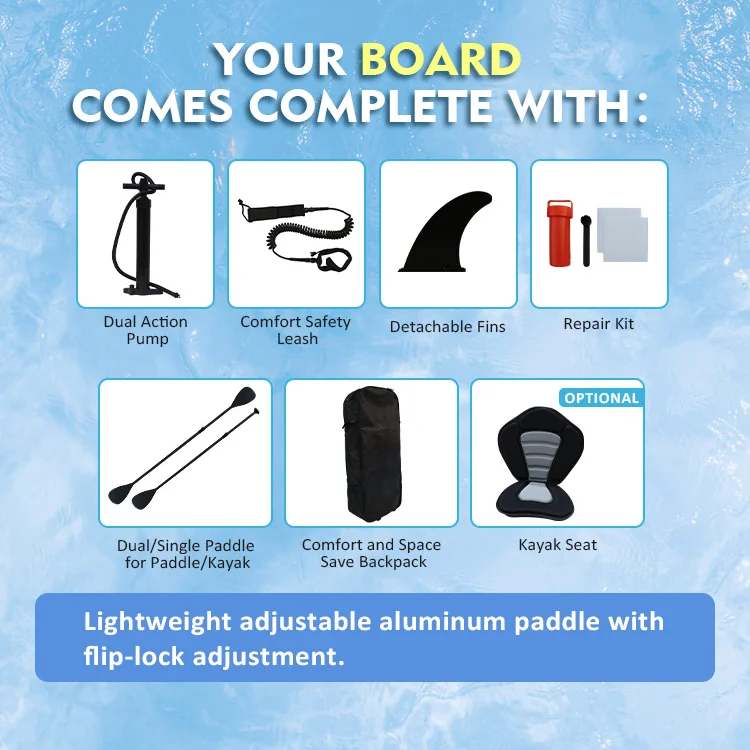 Paddleboard accessory kit including a pump, leash, fins, repair kit, paddle, backpack, and optional kayak seat.