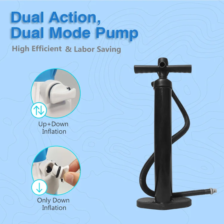 Black dual mode pump with hose on a blue background. Features include options for up and down inflation or only down inflation.