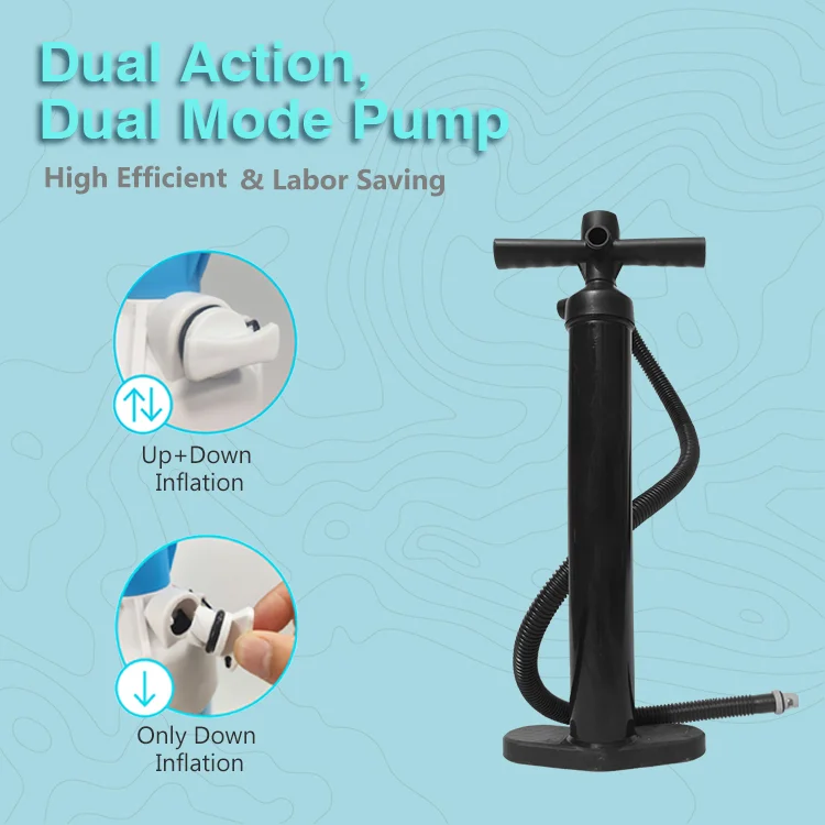 Black dual action pump showcasing up and down inflation modes against a light blue background with text highlighting efficiency and labor saving.