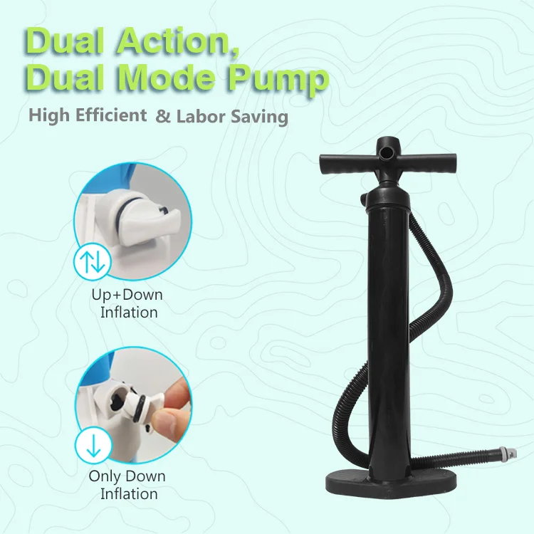 Dual action pump with two inflation modes: up and down, and only down. Features a high-efficiency design for labor-saving use.
