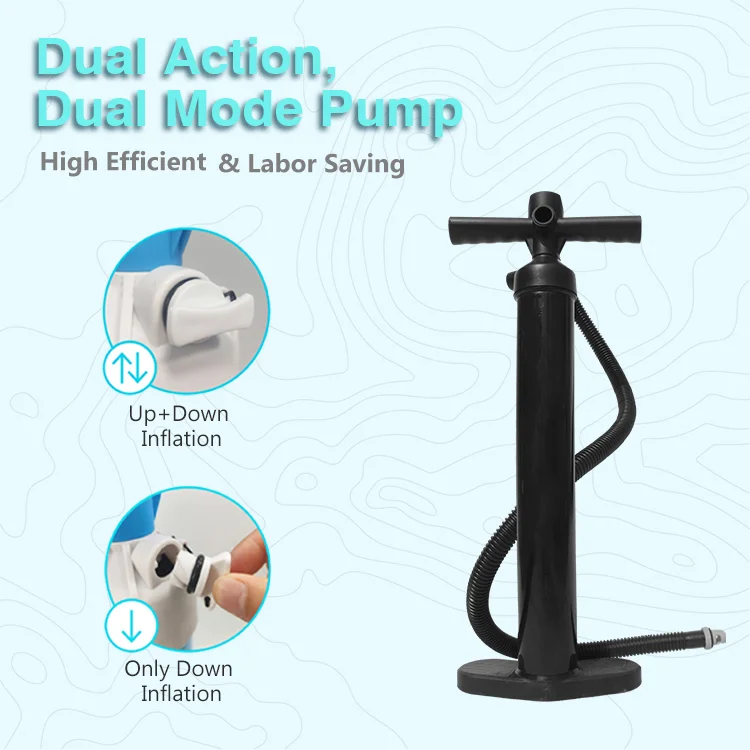 Black dual action pump with two inflation modes shown. Features up and down inflation and only down inflation options.