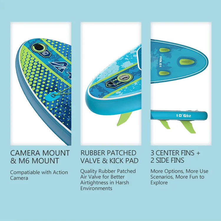 Inflatable paddle board sections showing a camera mount, rubber patched valve, kick pad, and multiple fins.
