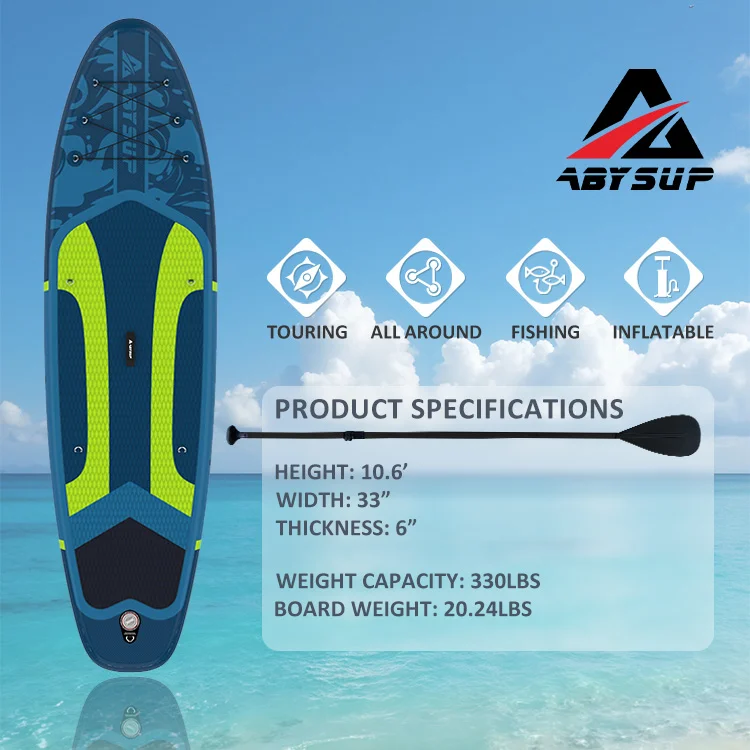 Inflatable paddle board with product specifications and features displayed against a clear sky and ocean backdrop.