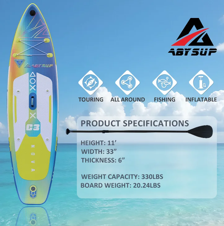 Colorful inflatable paddle board with specifications including height, width, thickness, weight capacity, and use cases like touring and fishing.