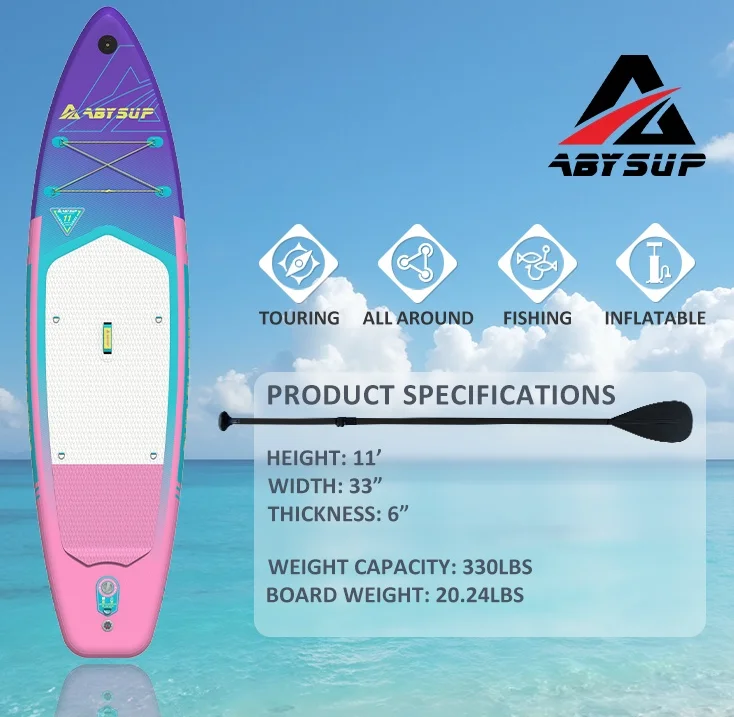 Inflatable paddle board with specifications including height, width, thickness, and weight capacity displayed on a beach background.