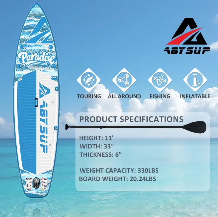 ABYSUP inflatable paddle board with specifications including height, width, thickness, and weight capacity, against a sea backdrop.