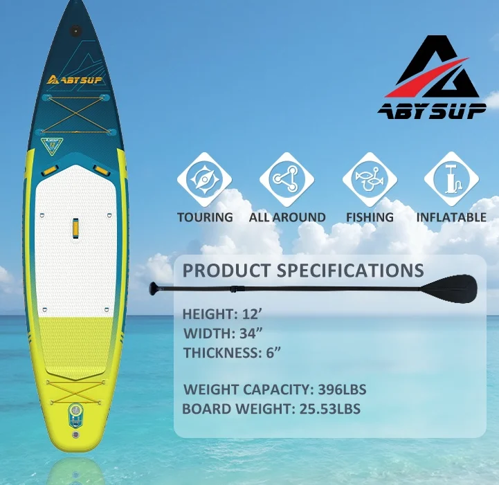 Inflatable paddle board with specifications and paddle against a blue sky and ocean backdrop, featuring touring, all around, fishing, and inflatable icons.
