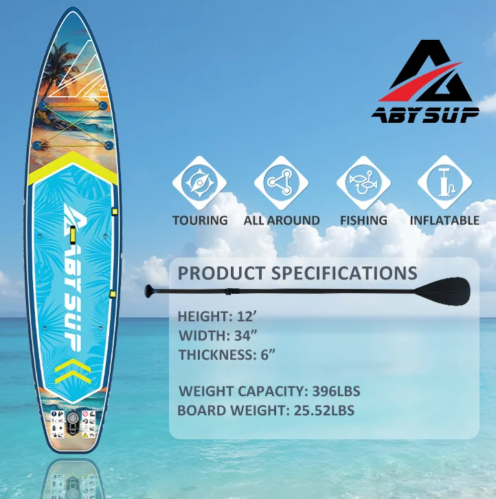 ABYSUP inflatable paddle board with specifications including height, width, thickness, weight capacity, and board weight shown alongside icons for touring, all-around, fishing, and inflatable use.