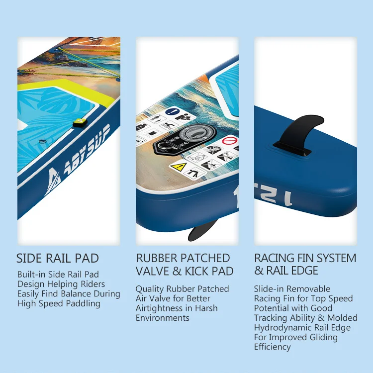 Three close-up sections of an inflatable paddleboard showcasing the side rail pad, rubber patched valve, and racing fin system for improved performance.