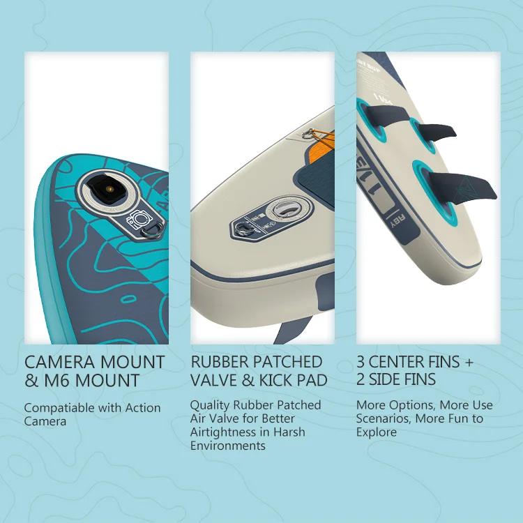 Close-up view of an inflatable paddleboard showing camera mount, rubber patched valve with kick pad, and multiple fins.