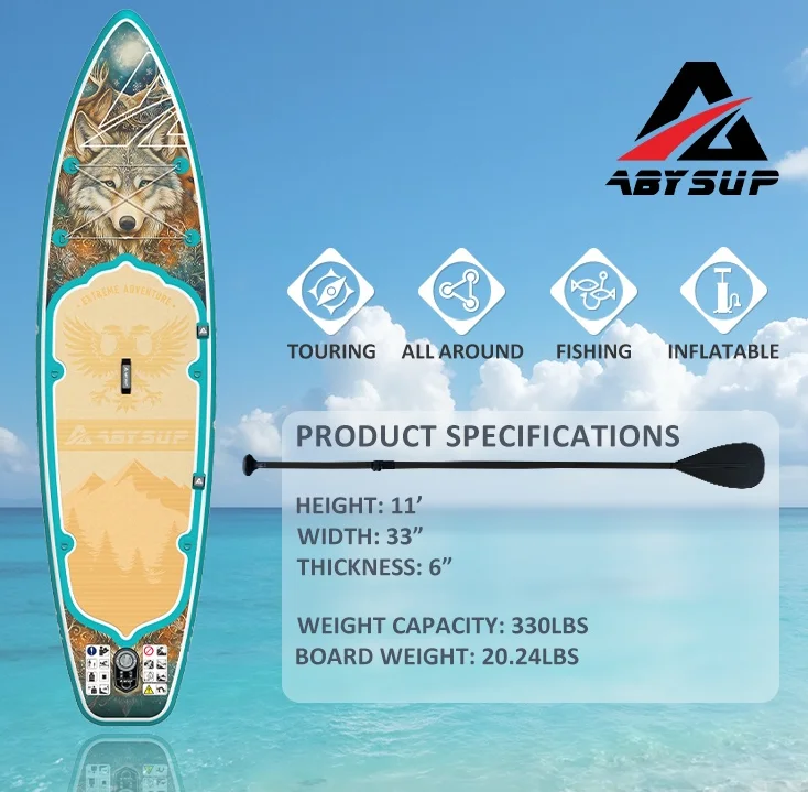 Inflatable paddleboard with wolf motif, ABYSUP branding, and specifications overlay. Suitable for touring and fishing.