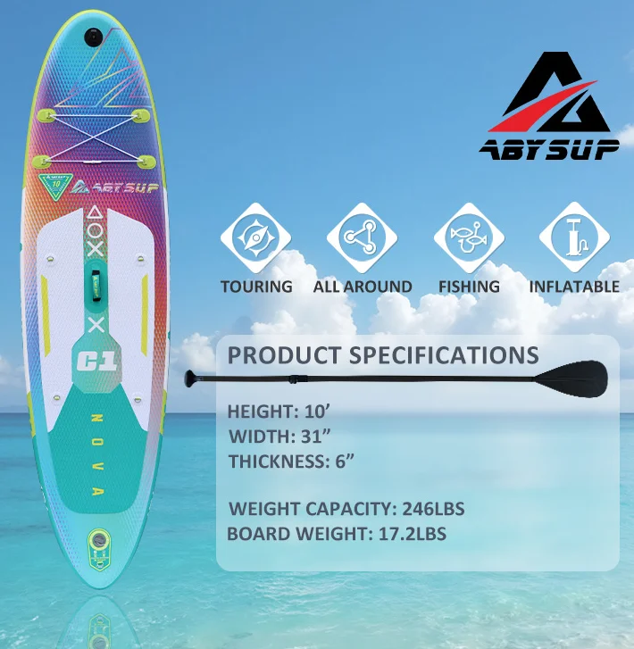 Inflatable paddleboard with colorful design, product specifications, and icons indicating use for touring, all-around, fishing. Includes board dimensions and weight capacity.