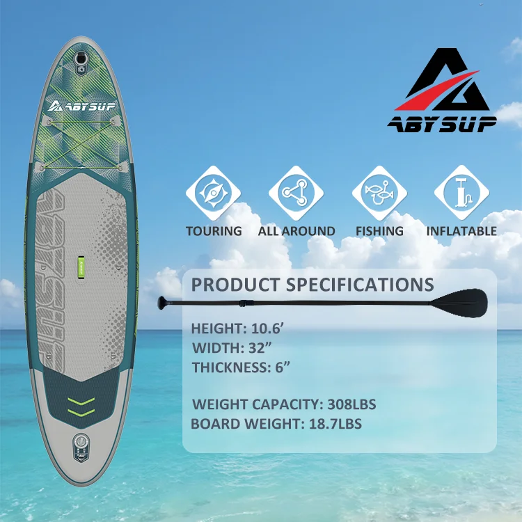 ABYSUP inflatable paddleboard with specifications including height, width, thickness, and weight capacity against ocean backdrop.