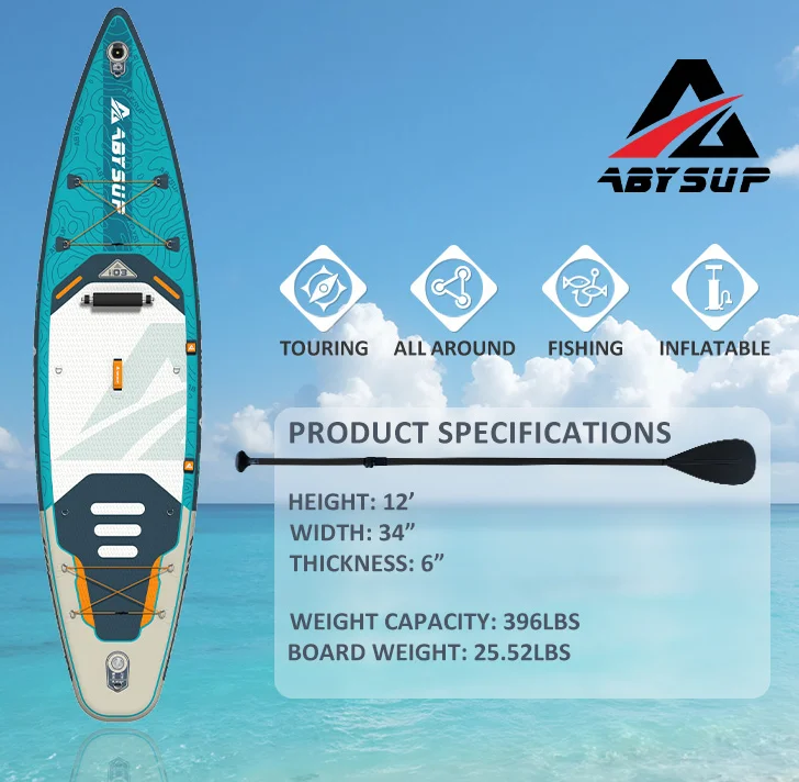 AbySup inflatable paddleboard with product specifications including height, width, and weight capacity over a water background.