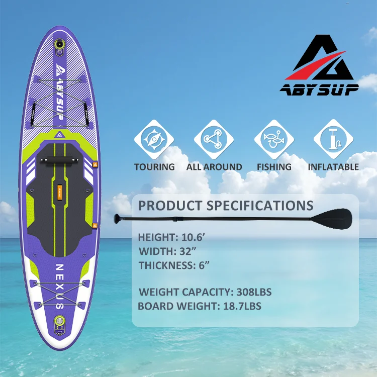 Inflatable paddleboard with specs: touring, all around, fishing uses, height 10.6', width 32", thickness 6", 308 lbs capacity.