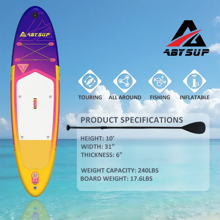 ABYSUP inflatable paddle board featuring a colorful design with product specifications including height, width, thickness, capacity, and board weight.