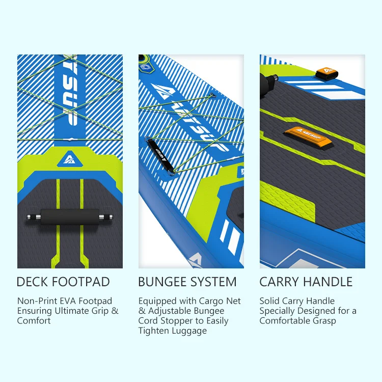 Three sections of an inflatable SUP board showing deck footpad, bungee system, and carry handle features.