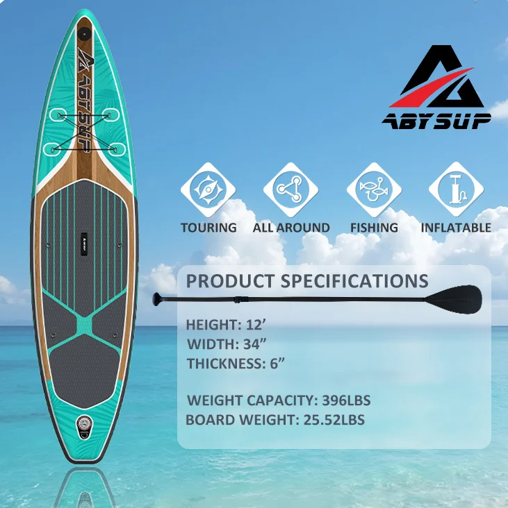 Inflatable SUP board on water with specifications including height, width, weight capacity, and features like touring and fishing.