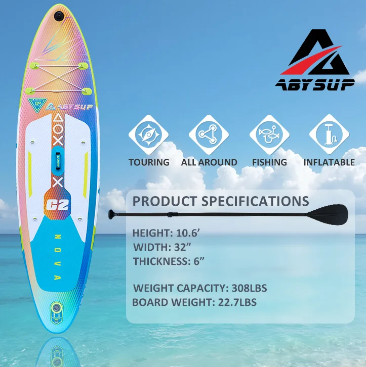 Colorful inflatable SUP board on water with specs: height 10.6', width 32", thickness 6"; weight capacity 308 lbs. Features icons for touring, all around, fishing, inflatable.