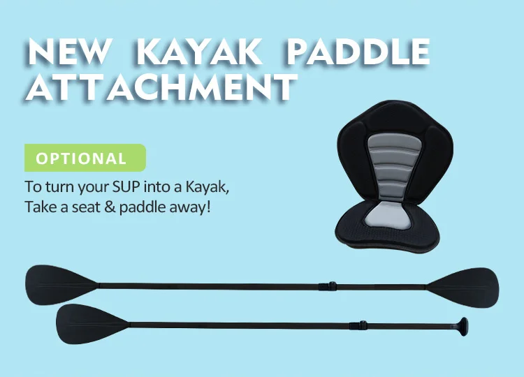 Kayak paddle attachment with seat and paddle on light blue background. Text explains it's optional for turning a SUP into a kayak.
