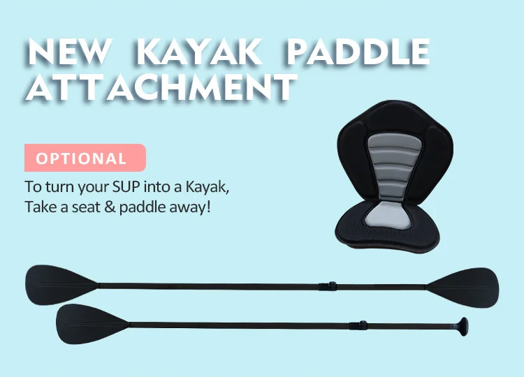 Kayak paddle attachment kit including paddles and seat with text promoting its use for converting a SUP into a kayak.