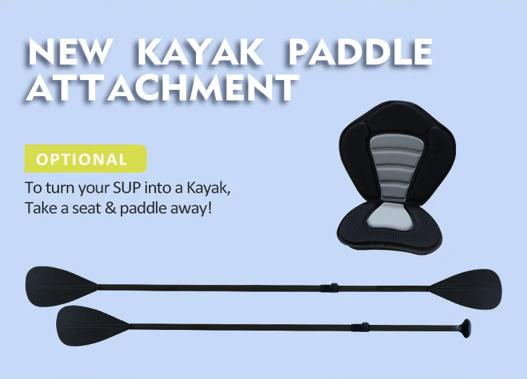 Kayak paddle attachment and seat for converting SUP into a kayak. Features optional conversion for ease of use.