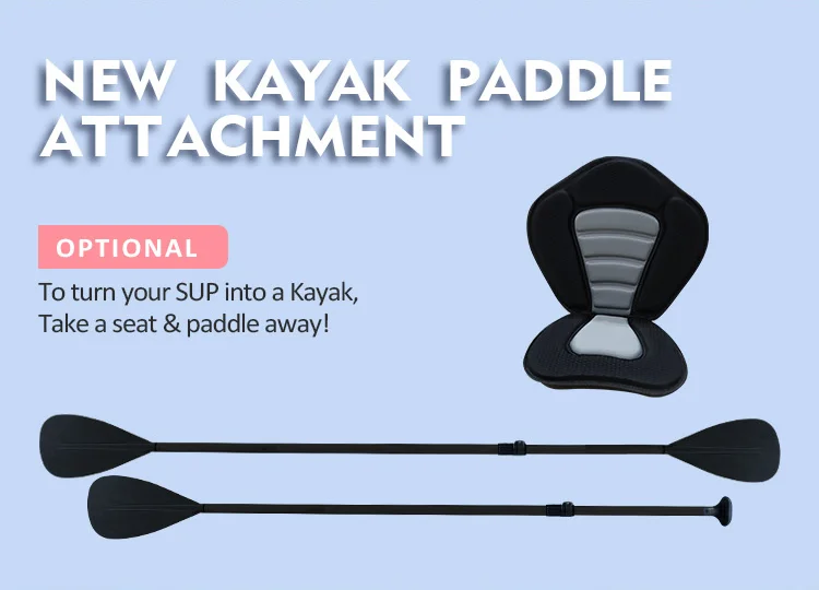 Kayak paddle attachment with a seat displayed on a light blue background, promoting optional conversion of SUP to kayak.