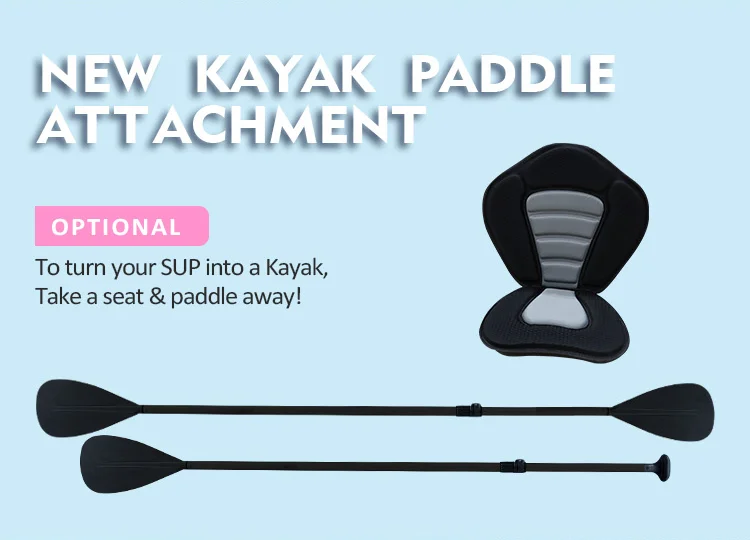 Kayak paddle attachment with seat, enabling SUP to kayak transformation, on a blue background.