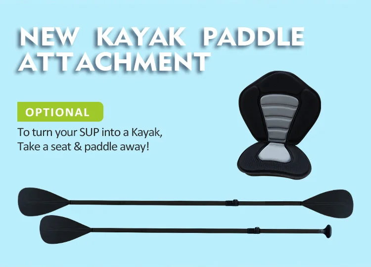 Kayak paddle and seat attachment for converting a SUP into a kayak. Includes optional seat and paddle on a light blue background.