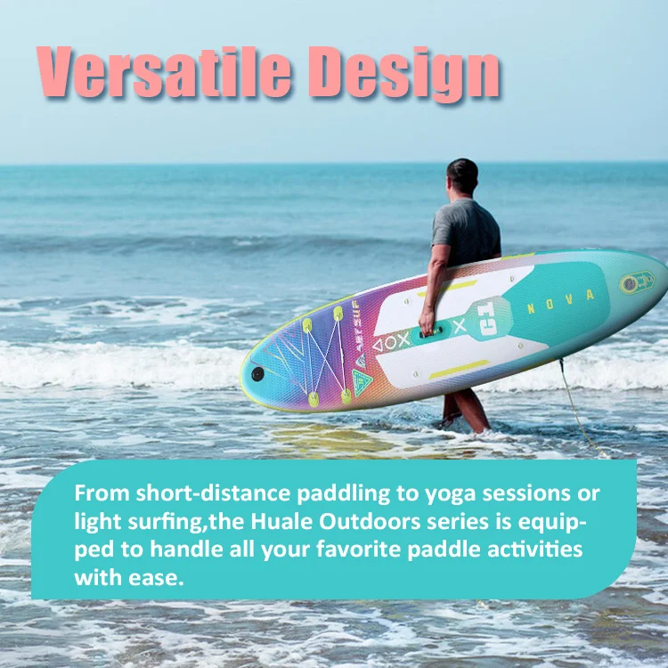 A man holds a colorful paddleboard while standing at the beach. The text 'Versatile Design' is visible above, suggesting multipurpose use.
