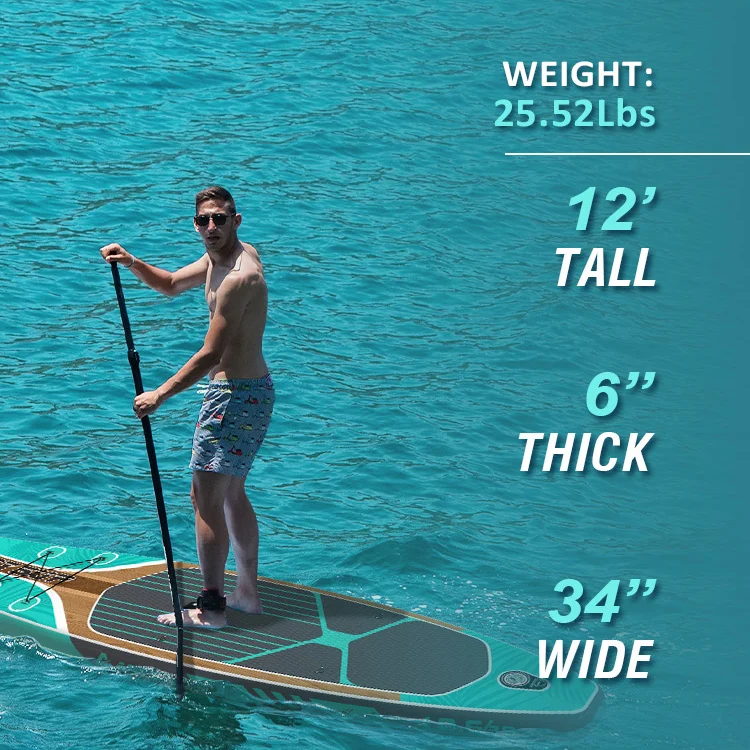A person paddleboarding on a turquoise lake; the board dimensions are listed as 12' tall, 6" thick, and 34" wide.