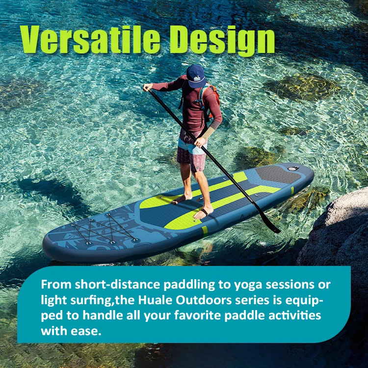 A man paddleboarding on clear water, showcasing a versatile board design suited for various activities like yoga and light surfing.