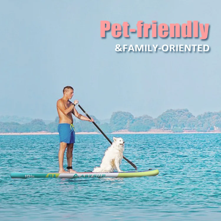 Man paddleboarding with a white dog on a lake, reflecting a pet-friendly and family-oriented activity.