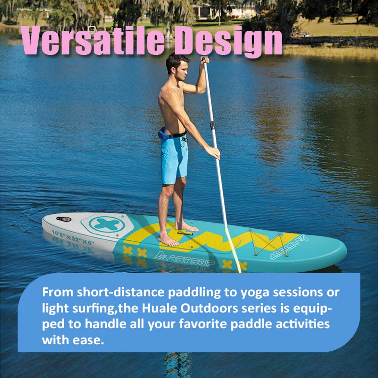 Man wearing blue shorts paddleboarding on a lake using a versatile designed board with text overlay 'Versatile Design'.