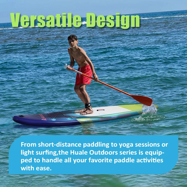 Man paddleboarding on blue water holding a paddle, showcasing a versatile board design for various activities.
