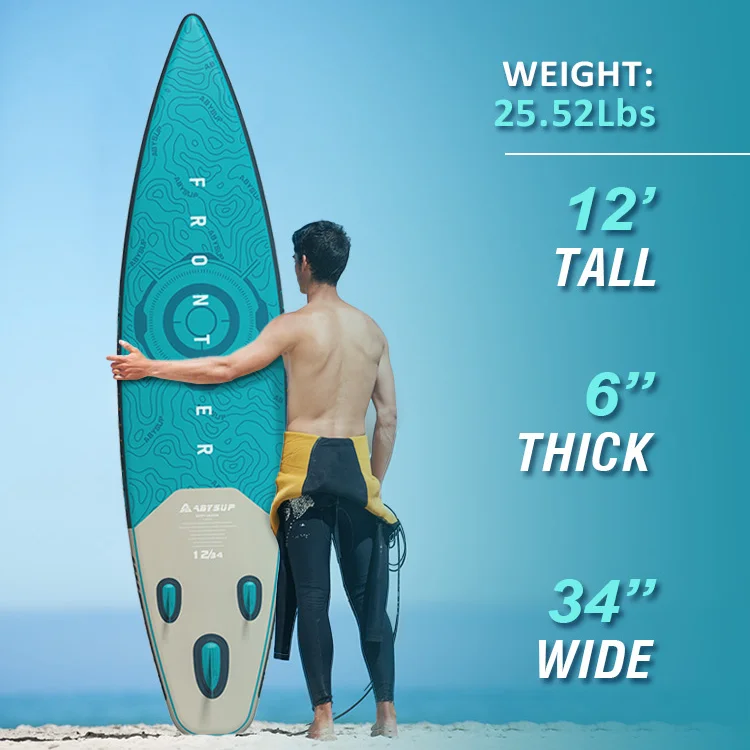 A man stands with a turquoise surfboard on a beach. The board's dimensions and weight are listed beside him: 12' tall, 6'' thick, 34'' wide, weighing 25.52 lbs.
