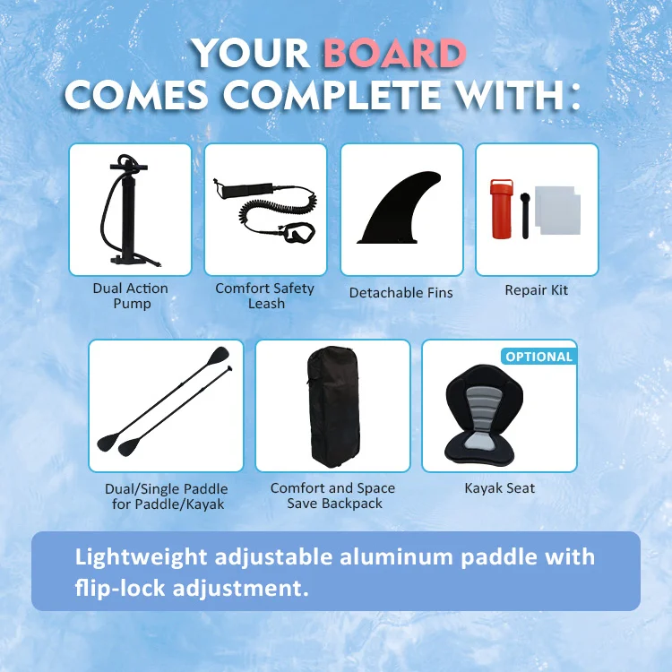 Paddle board accessories including pump, leash, fins, repair kit, paddle, backpack, and optional kayak seat on blue water background.