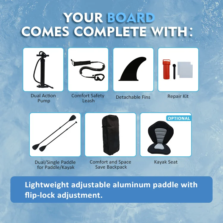 Collection of paddle board accessories including pump, safety leash, fins, repair kit, paddle, backpack, and optional kayak seat.