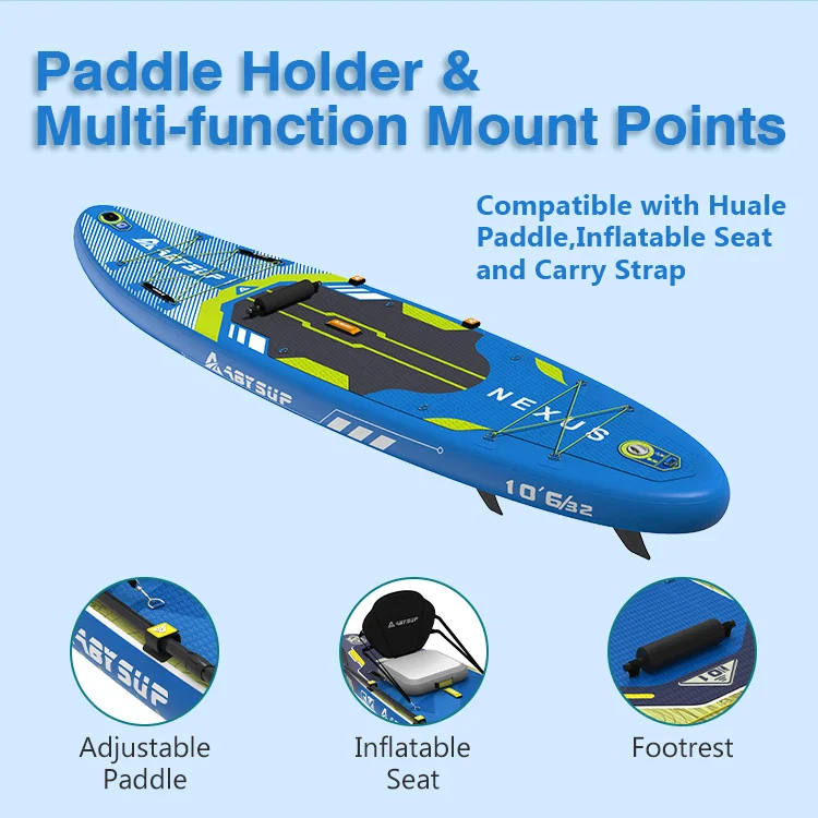 Inflatable paddle board showing accessories like adjustable paddle, inflatable seat, footrest, and mount points.